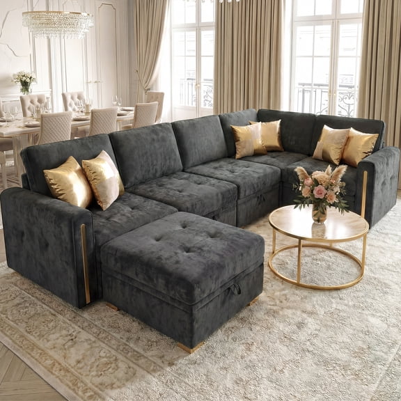 Advwin 126" U-Shaped Oversized Modular Sectional Sofa with Ottoman, Storage Under Each Seat & Gold Metal Accents, 5-Seater Modern Luxury Chenille Convertible Cloud Couch for Living Room, Dark Gray
