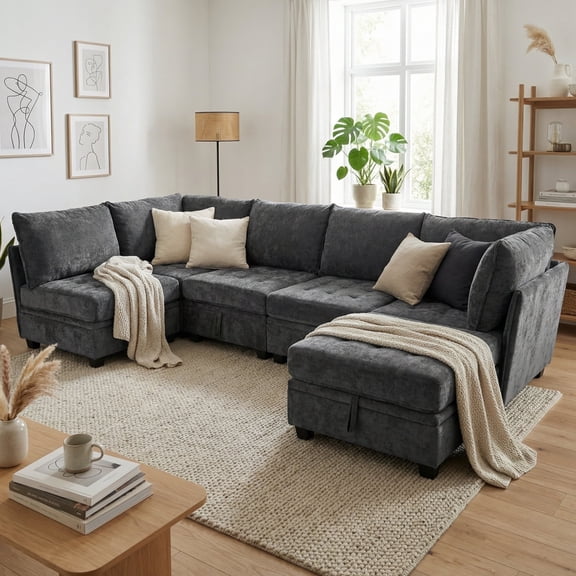 Advwin 5-Seater Oversized Modular Sectional Sofa with Storage Under Each Seat & Ottoman, Modern Chenille Sectional Couch Sleeper with Extra Wide & Deep Seats for Living Room, Dark Gray