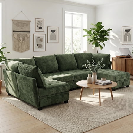Advwin 5-Seater Oversized Modular Sectional Sofa with Storage Under Each Seat & Ottoman, Modern Chenille Sectional Couch Sleeper with Extra Wide & Deep Seats for Living Room, Dark Green