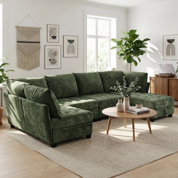 Advwin 5-Seater Oversized Modular Sectional Sofa with Storage Under Each Seat & Ottoman, Modern Chenille Sectional Couch Sleeper with Extra Wide & Deep Seats for Living Room, Dark Green