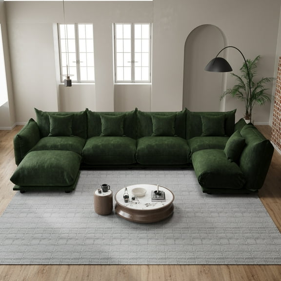 Advwin 5-Seater U-Shaped Modular Sectional Sofa with Ottoman, Modern Oversized Cloud Couch with Thick Cushions for Living Room, Bedroom, Apartment, Small Spaces, Green