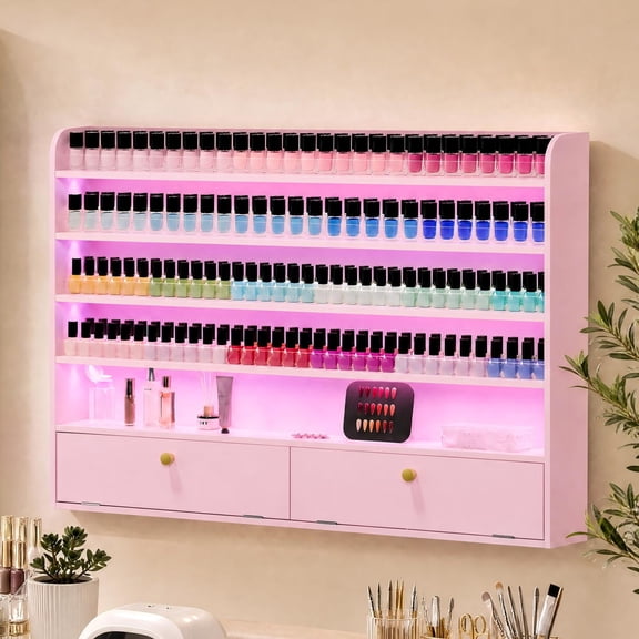 Advwin 5-Tier Wall Mounted Nail Polish Rack with 2 Storage Cabinets & LED Lights, Holds 600+ Bottles, Nail Polish Organizer Display Shelf with Acrylic Baffles, Nail Salon Storage Cabinet, Pink