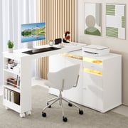 Advwin 53" Rotating L-Shaped Computer Desk with LED Light, Storage Cabinet, Drawer & Shelves, Modern Study Writing Table, Home Office Bedroom Workstation for Small Space, White