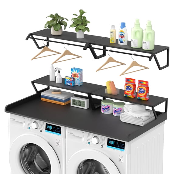 Advwin 54" Washer Dryer Countertop with Hanging Rod & Storage Shelves, Laundry Room Countertop Set, Washer and Dryer Topper with Anti-Slip Pads, Black