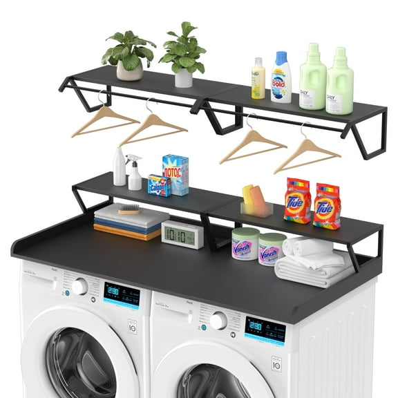 Advwin 54" Washer Dryer Countertop with Hanging Rod & Storage Shelves, Laundry Room Countertop Set, Washer and Dryer Topper with Anti-Slip Pads, Black