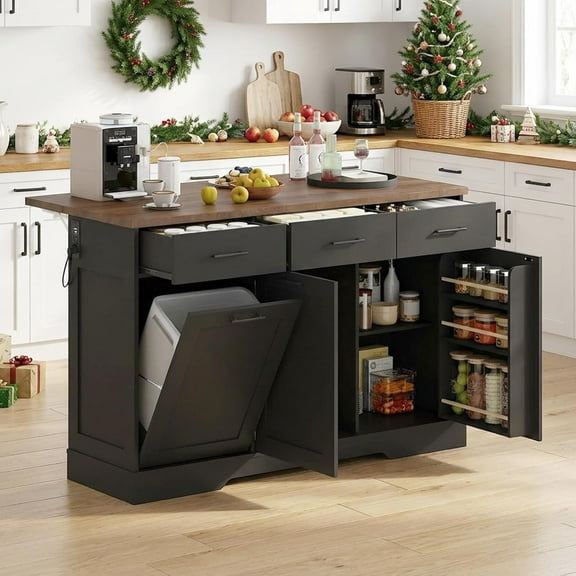 Advwin 55" Drop Leaf Kitchen Island with Power Outlet, Large Breakfast Bar with Foldable Countertop, Storage Drawers, Trash Cabinet, Adjustable Shelves, Towel Rack & Spice Organizer, Black + Walnut
