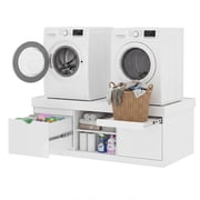 Advwin 57" Washer and Dryer Pedestal, Heavy Duty Washing Machine Stand with Laundry Basket Shelf, Large Drawers & Adjustable Storage Shelf, Universal Fit Anti-Vibration Laundry Pedestal, White