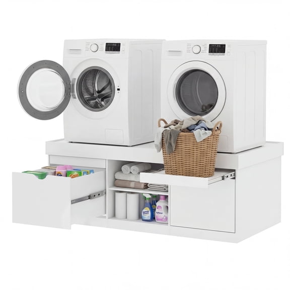 Advwin 57" Washer and Dryer Pedestal, Heavy Duty Washing Machine Stand with Laundry Basket Shelf, Large Drawers & Adjustable Storage Shelf, Universal Fit Anti-Vibration Laundry Pedestal, White