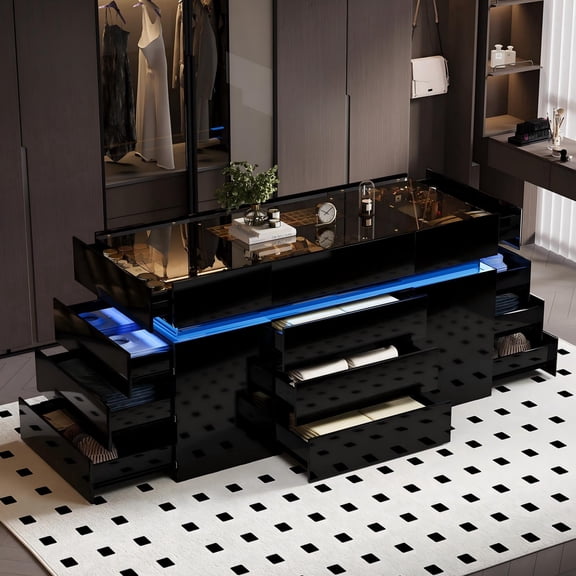 Advwin 59.4" Large High-Gloss Closet Island with 16 Drawers, LED Lights & Glass Top, Modern Luxury Walk-in Closet Organizer Wardrobe Storage Cabinet Vanity Dresser for Dressing Room, Black