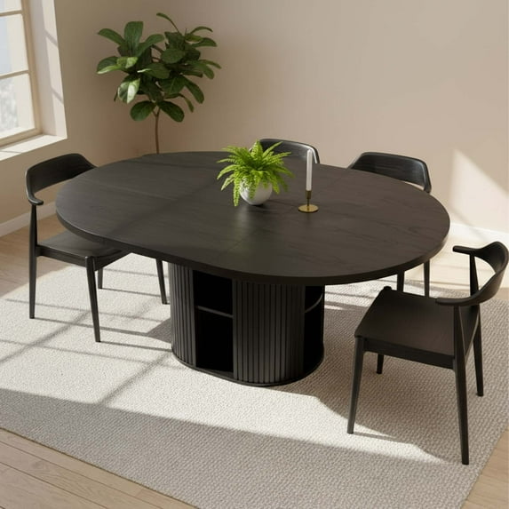 Advwin 59" Extendable Round Dining Table for 4–8, Modern Wood Oval Kitchen Table with Storage Shelf, Space-Saving Expandable Circle Dinner Table for Dining Room, Black