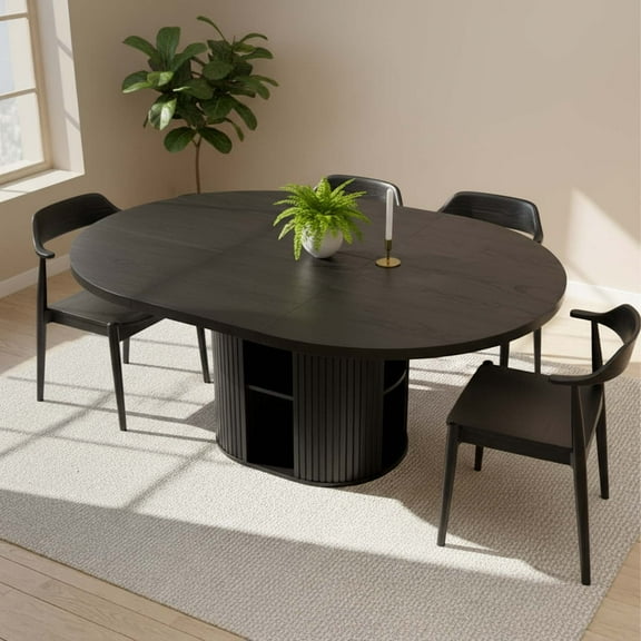 Advwin 59" Extendable Round Dining Table for 4–8, Modern Wood Oval Kitchen Table with Storage Shelf, Space-Saving Expandable Circle Dinner Table for Dining Room, Black