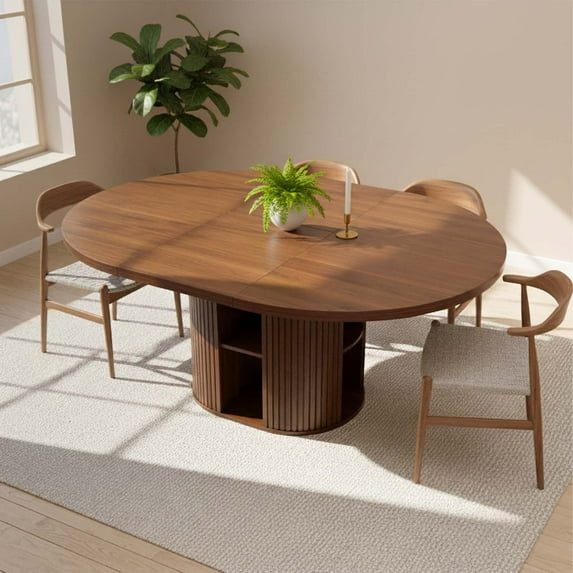 Advwin 59" Extendable Round Dining Table for 4–8, Modern Wood Oval Kitchen Table with Storage Shelf, Space-Saving Expandable Circle Dinner Table for Dining Room, Walnut