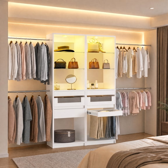Advwin 6-12 FT Closet Organizer System with 2 Storage Towers, LED Glass Display Shelves, 4 Adjustable Hanging Rods & Pull-Out Pants Rack for Walk-In Closets, White