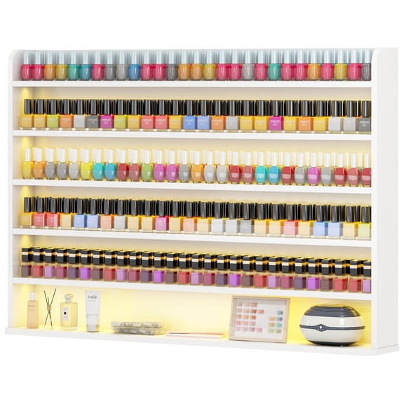Advwin 6-Tier Wall Mounted Nail Polish Rack with LED Lights, Holds 540+ Bottles, Nail Polish Organizer Display Shelf with Clear Acrylic Baffles, Nail Salon Storage Cabinet, White