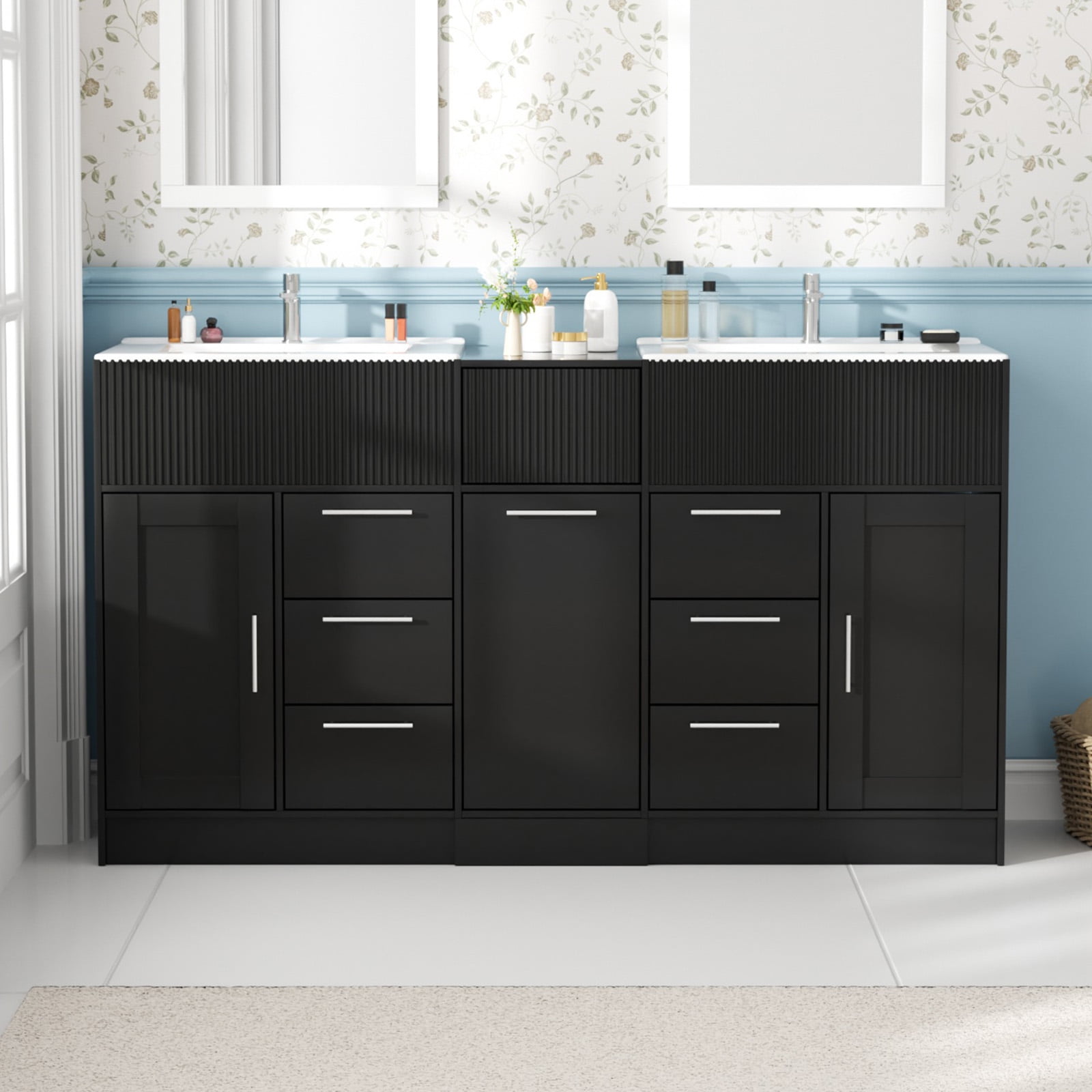 Advwin 60" Double Sink Bathroom Vanity with Ceramic Basins, Modern Freestanding Bathroom Storage Cabinet with 7 Drawers & Soft-Close Doors, Black