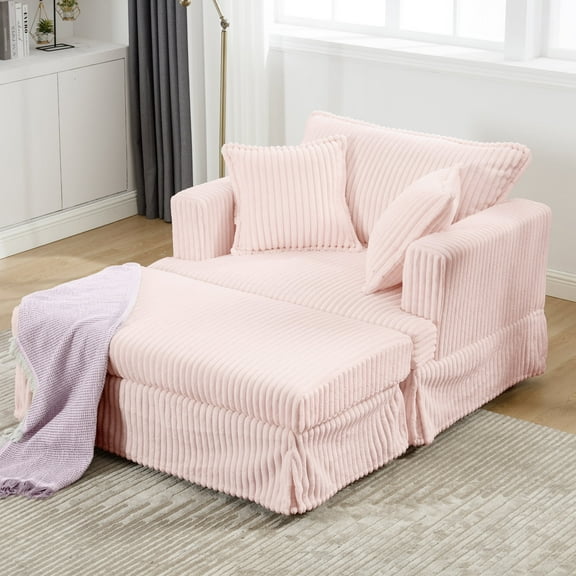 Advwin Oversized Chaise Lounge Chair with Ottoman, Cloud Plush Corduroy Deep Seat Single Sofa Chair for Modern Living Room & Bedroom, Pink