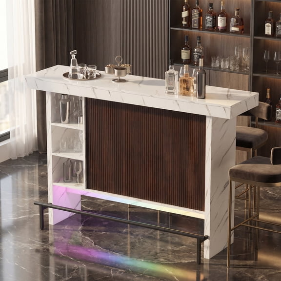 Advwin 62" Large Home Bar Unit with LED Lights & Footrest, Modern Liquor Bar Table with Glass Holders, Mini Coffee Bar Cabinet for Living Room, Kitchen, Home Pub