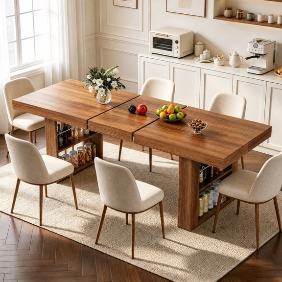 Advwin 63"-78" Extendable Dining Table for 6-8 People, Expandable Rectangular Kitchen Table with Open Storage Shelf & Thick Wood Grain Top for Kitchen, Dining Room, Walnut
