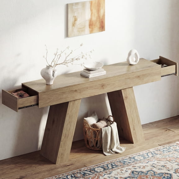Advwin 63" Console Table with Storage Drawers, Extra Long Sofa Table for Entryway or Behind Couch, Farmhouse Narrow Hallway Table with Floor Protection Pads, Natural Wood