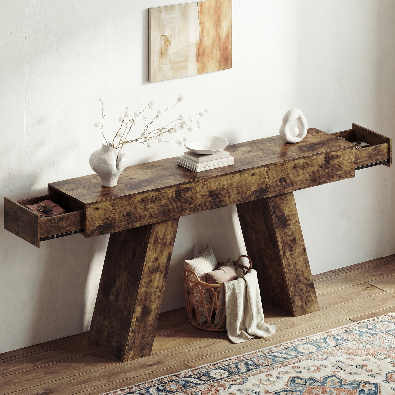 Advwin 63" Console Table with Storage Drawers, Extra Long Sofa Table for Entryway or Behind Couch, Farmhouse Narrow Hallway Table with Floor Protection Pads, Rustic Brown