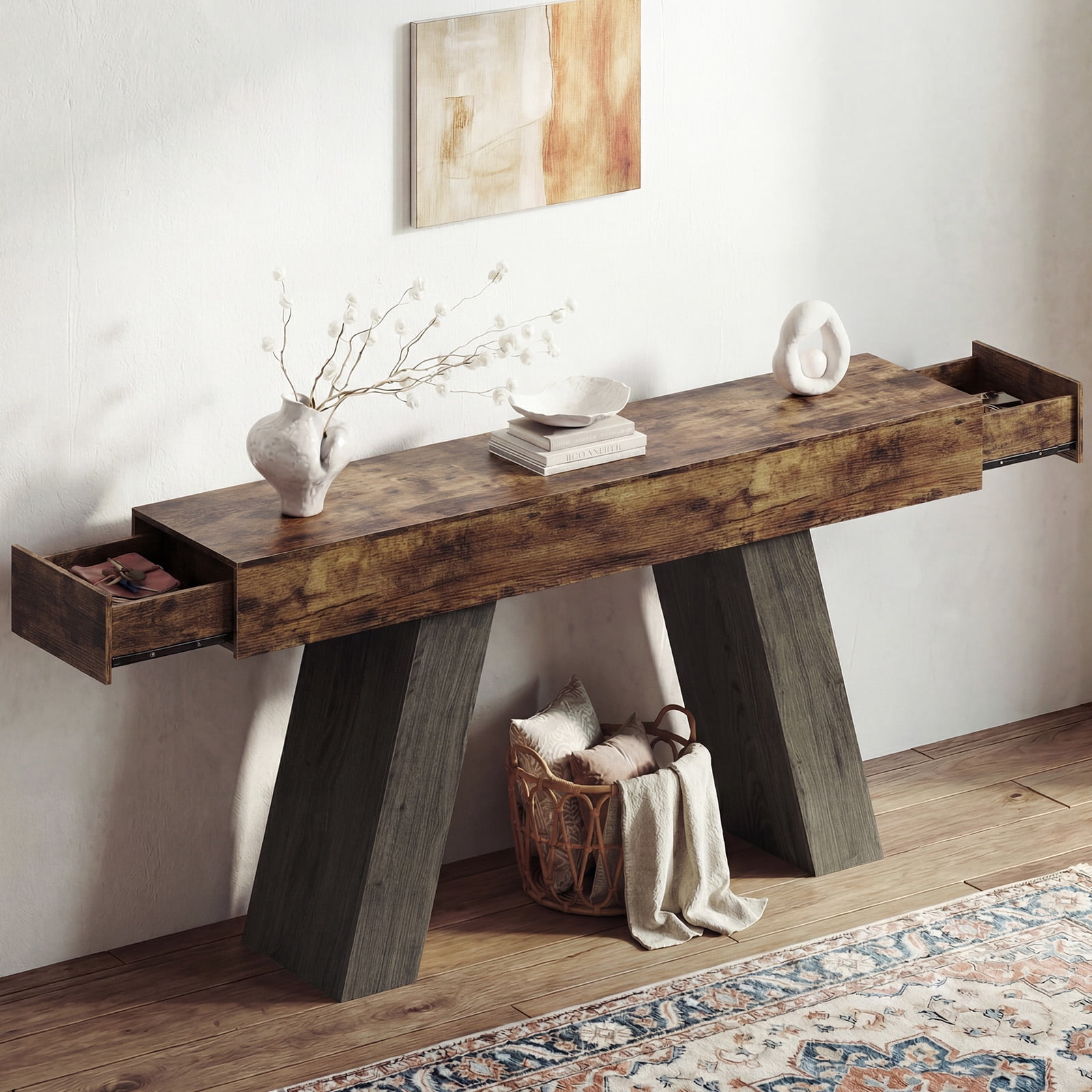 Advwin 63" Console Table with Storage Drawers, Extra Long Sofa Table for Entryway or Behind Couch, Farmhouse Narrow Hallway Table with Floor Protection Pads, Rustic Brown+Charcoal