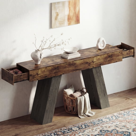 Advwin 63" Console Table with Storage Drawers, Extra Long Sofa Table for Entryway or Behind Couch, Farmhouse Narrow Hallway Table with Floor Protection Pads, Rustic Brown+Charcoal