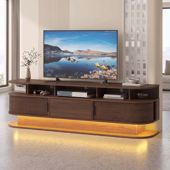 Advwin 68" Fluted TV Stand for TVs Up to 75", Mid-Century Modern Entertainment Center with LED Lights, Sliding Tambour Doors, Media Storage Shelves, Push-to-Open Drawer & Power Outlet, Walnut