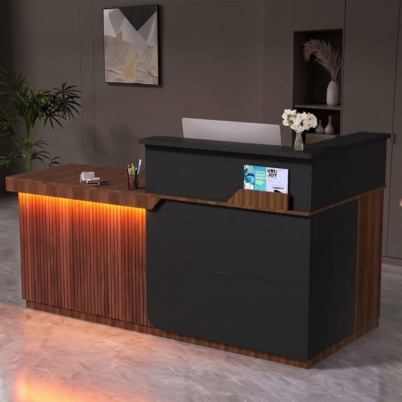 Advwin 69" L-Shaped Fluted Reception Desk with Counter, LED Lights, Lockable Drawers, Cabinet & Power Outlet, Modern Large Reception Counter for Office, Clinic, Nail Salon, Black+Walnut