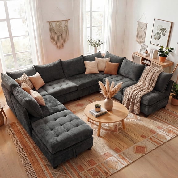 Advwin 7-Seater Oversized Modular Sectional Sofa with Ottoman & Storage Under Each Seat, Chenille Convertible Comfy Couch Sleeper with Extra Wide & Deep Seat for Living Room, Dark Gray