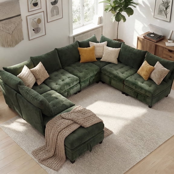 Advwin 7-Seater Oversized Modular Sectional Sofa with Ottoman & Storage Under Each Seat, Chenille Convertible Comfy Couch Sleeper with Extra Wide & Deep Seat for Living Room, Dark Green