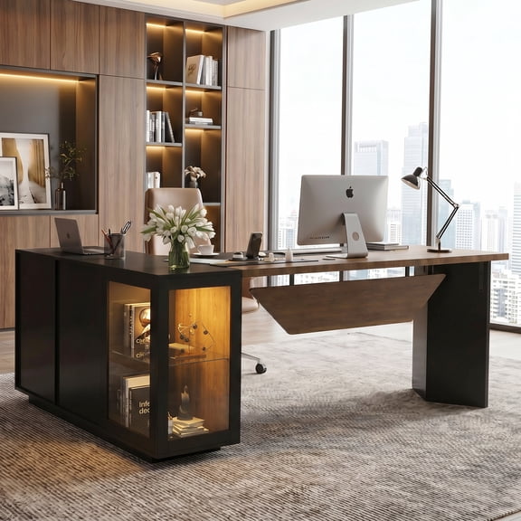Advwin Modern 74.4" L-Shaped Executive Desk with Glass Display Cabinet & Power Outlet, Large Luxury Office Desk Corner Workstation with File Drawer & LED Light, Black+Brown