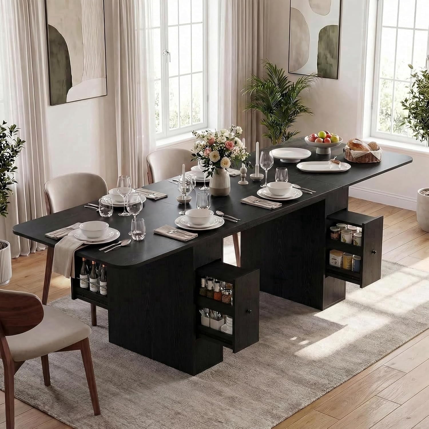 Advwin Extendable Dining Table for 6-10 People, 63" to 79" Space-Saving Folding Table with 4 Storage Drawers, Modern Rectangular Wooden Expandable Table for Dining Room, Kitchen, Office, Black
