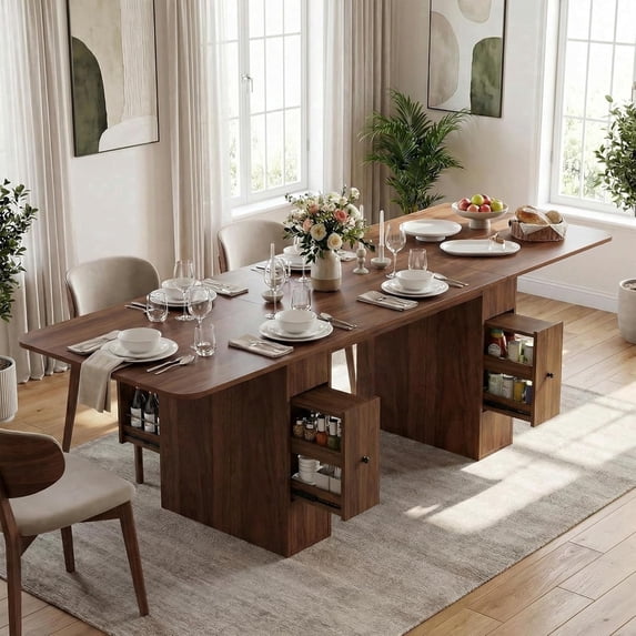 Advwin Extendable Dining Table for 6-10 People, 63" to 79" Space-Saving Folding Table with 4 Storage Drawers, Modern Rectangular Wooden Expandable Table for Dining Room, Kitchen, Office, Walnut