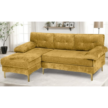 Advwin 82" Chenille 3 Seater L Shaped Convertible Sectional Sofa with Reversible Chaise, Modern Lounge Couch for Living Room, Yellow/Golden Legs