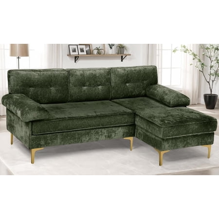 Advwin 82" L-Shaped Convertible Sectional Sofa, Luxury Chenille 3-Seater Couch with Reversible Chaise & Fluffy Armrests for Living Room Apartment Small Space Bedroom Office (Green+ Golden legs)