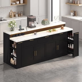 Advwin 92.5" Two-Tier Kitchen Island with Storage, Sliding Track Power Outlet & LED Light, Large Stationary Breakfast Bar with Pull-Out Drawer & Adjustable Shelves, Black+White Marble Finish
