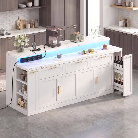 Advwin 92.5" Two-Tier Kitchen Island with Storage, Sliding Track Power Outlet & LED Light, Large Stationary Breakfast Bar with Pull-Out Drawer & Adjustable Shelves, White+White Marble Finish