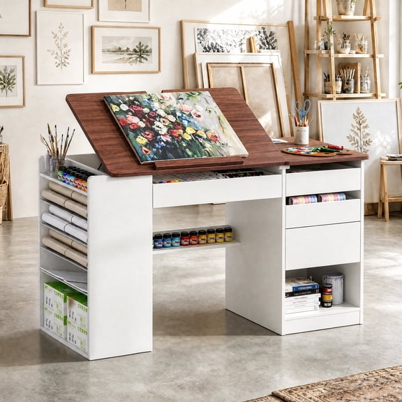 Advwin Adjustable Drafting Table with Storage & Power Outlet, Tiltable Drawing Desk with 4 Drawers, Removable Shelves, Craft Desk for Painting, Sewing, Home, Studio, Office & Hobby Room, Walnut+White