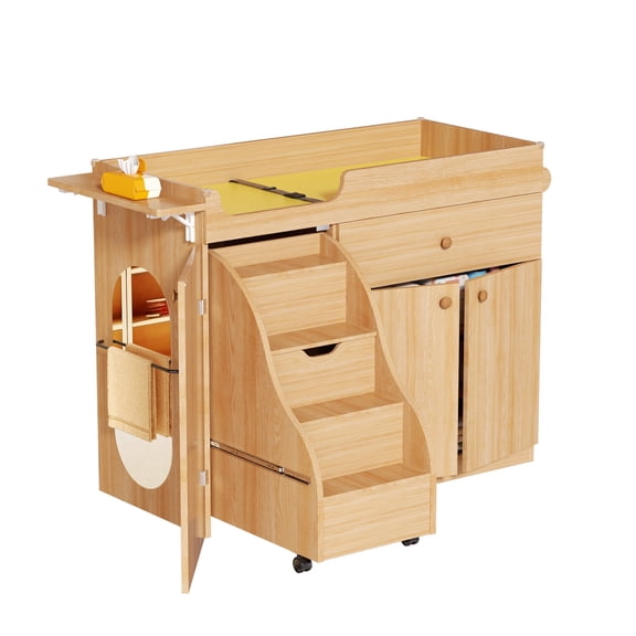Advwin Baby Changing Table with Pull-Out Stairs & Acrylic Mirror, Diaper Changing Station with Waterproof Pad & Safety Strap, Nursery Dresser Organizer with Drawer & Cabinet, Left Stair