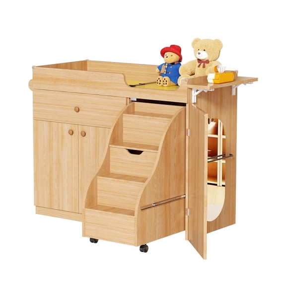 Advwin Changing Table with Pull-Out Stairs, Montessori Diaper Changing Station for Daycare & Home, Nursery Changing Table with Waterproof Pad, Safety Strap, Handrail, Large Storage & Acrylic Mirror