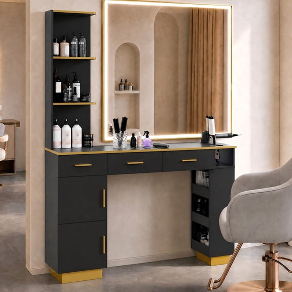 Advwin Barber Salon Station with Display Shelf, Freestanding Hair Stylist Station with Storage, 3 Drawers, 2 Cabinets, Open Shelves & Tool Holders, Salon Furniture for Beauty Salon & Spa, Black+Gold