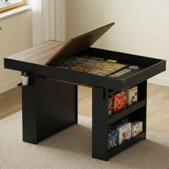Advwin Board Game Table for 4–6 Players, Dining/Gaming Table with Removable Top, PU Leather Mat, Cup Holders & Corner Protectors, Great for Card Games, Poker & Building Blocks, Black+Rustic Brown