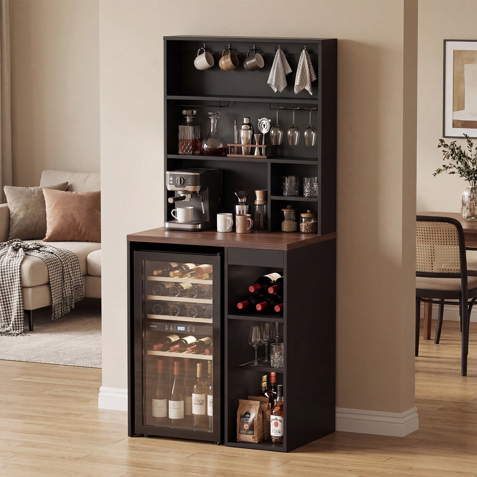 Advwin Coffee Bar Cabinet with Mini Fridge Space, 74" Tall Kitchen Storage Cabinet with Mug Hooks & Glass Holders, Mini Fridge Stand for Dorm, Kitchen, Office, Apartment, Home Bar, Black+Walnut
