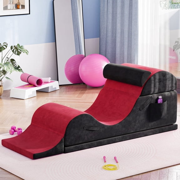 Advwin Convertible Yoga Chaise Lounge Chair, Ergonomic Foam Lounge with Lumbar Pillow, Washable Cover & Side Pocket, Black+Red