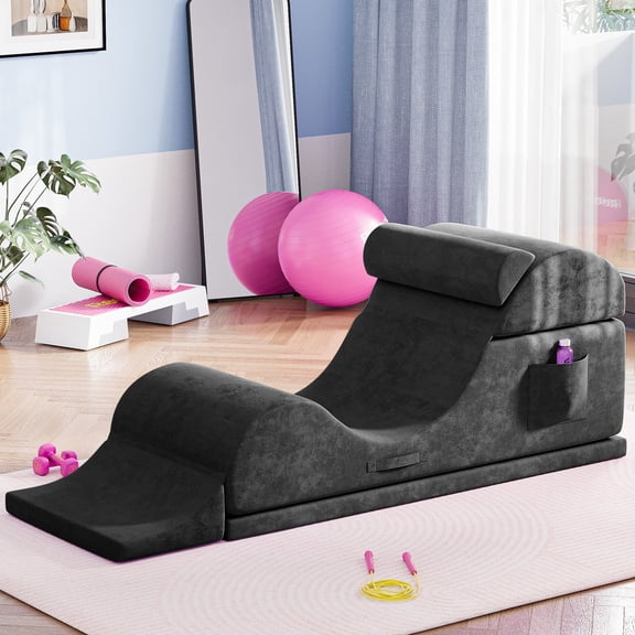 Advwin Convertible Yoga Chaise Lounge Chair, Ergonomic Foam Lounge with Lumbar Pillow, Washable Cover & Side Pocket, Black