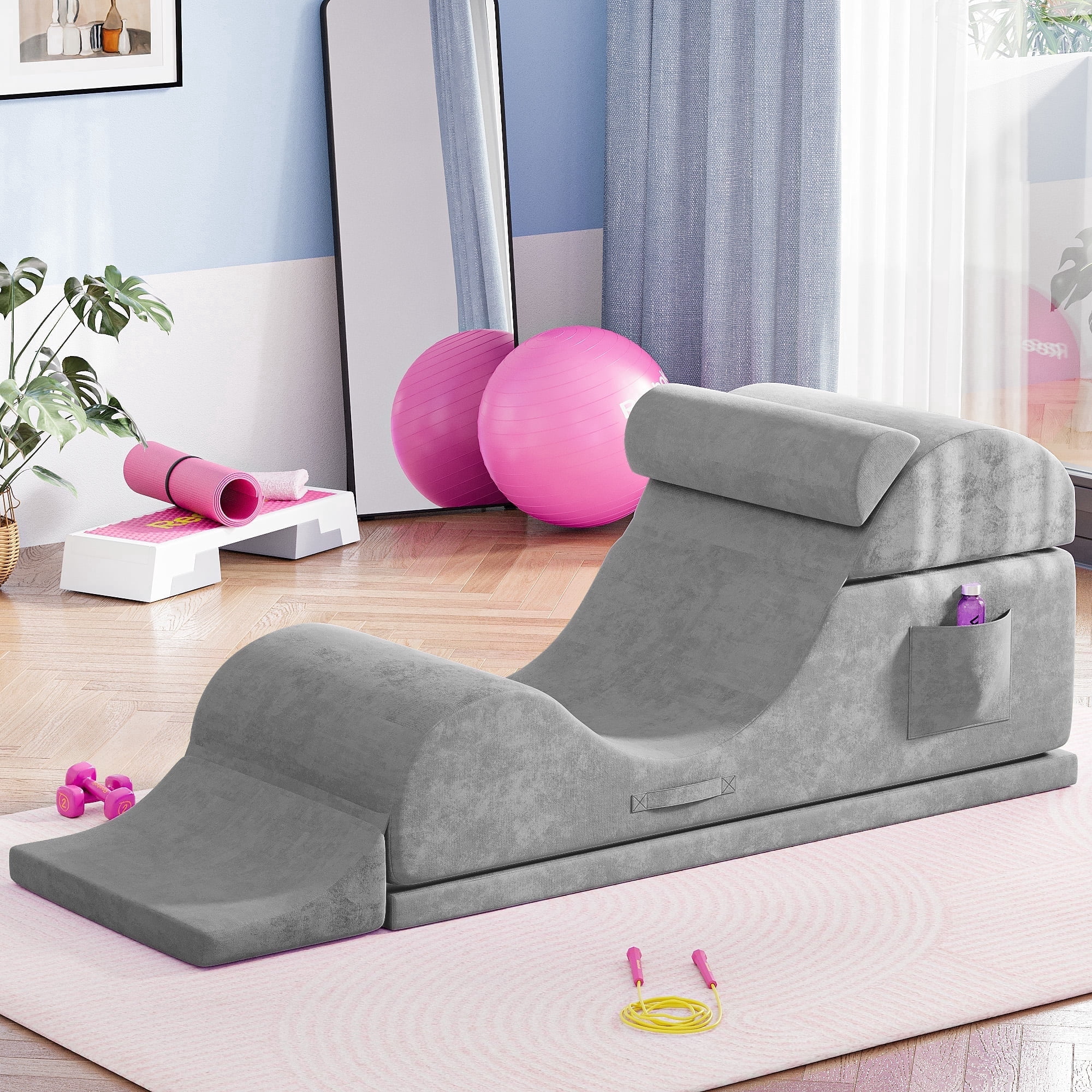 Advwin Convertible Yoga Chaise Lounge Chair, Ergonomic Foam Lounge with Lumbar Pillow, Washable Cover & Side Pocket, Gray