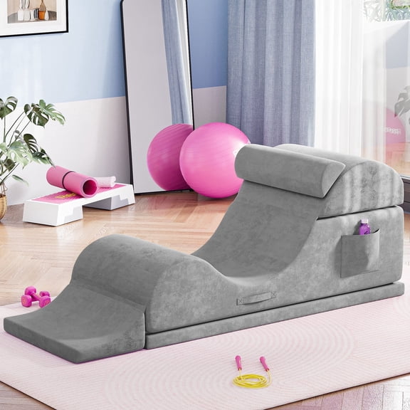 Advwin Convertible Yoga Chaise Lounge Chair, Ergonomic Foam Lounge with Lumbar Pillow, Washable Cover & Side Pocket, Gray