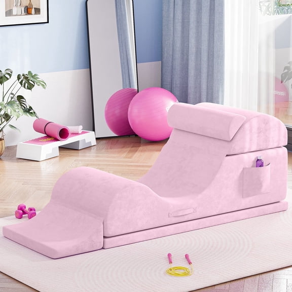 Advwin Convertible Yoga Chaise Lounge Chair, Ergonomic Foam Lounge with Lumbar Pillow, Washable Cover & Side Pocket, Pink
