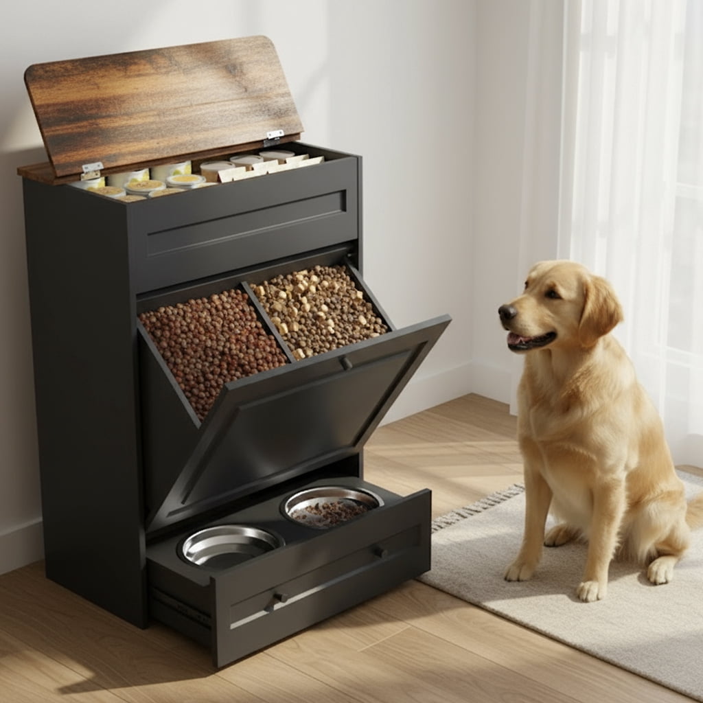 Advwin Dog Feeding Station with Storage Cabinet, Hidden Elevated Bowls for Medium & Large Dogs, Dog Food Cabinet Organizer with Slow Feeder, Stainless Steel Dog Bowls & Hooks for Pet Supplies, Black