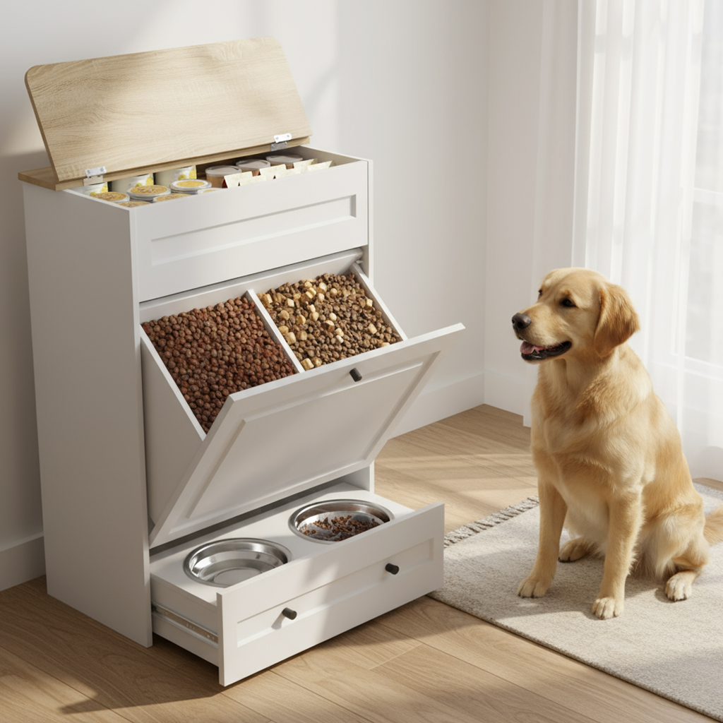 Advwin Dog Feeding Station with Storage Cabinet, Hidden Elevated Bowls for Medium & Large Dogs, Dog Food Cabinet Organizer with Slow Feeder, Stainless Steel Dog Bowls & Hooks for Pet Supplies, White